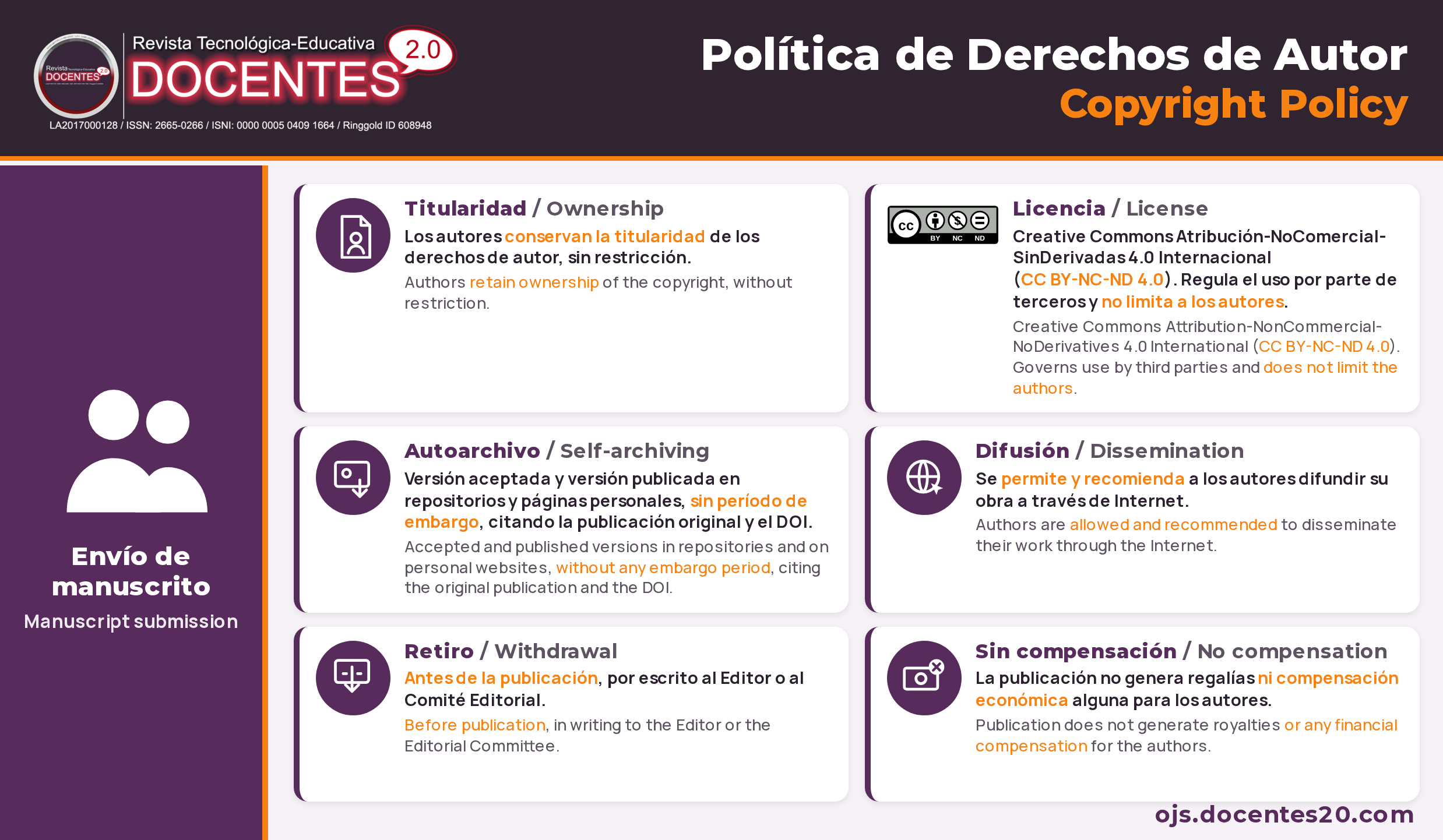 Política de derechos de autor de la Revista Docentes 2.0: los autores conservan la titularidad de los derechos de autor, sin restricción; la licencia CC BY-NC-ND 4.0 regula el uso por parte de terceros y no limita a los autores; autoarchivo sin período de embargo; se permite y recomienda difundir la obra a través de Internet; retiro antes de la publicación, por escrito; sin compensación económica.